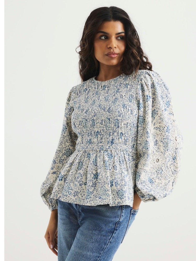 River Island Blue Petite Shirred Bodice 100% Cotton Top - Image 1 of 5