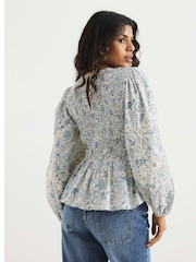 River Island Blue Petite Shirred Bodice 100% Cotton Top - Image 2 of 5
