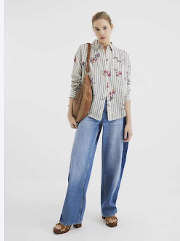 River Island Cream Floral Print Stripe Embroidered 100% Cotton Shirt - Image 1 of 5