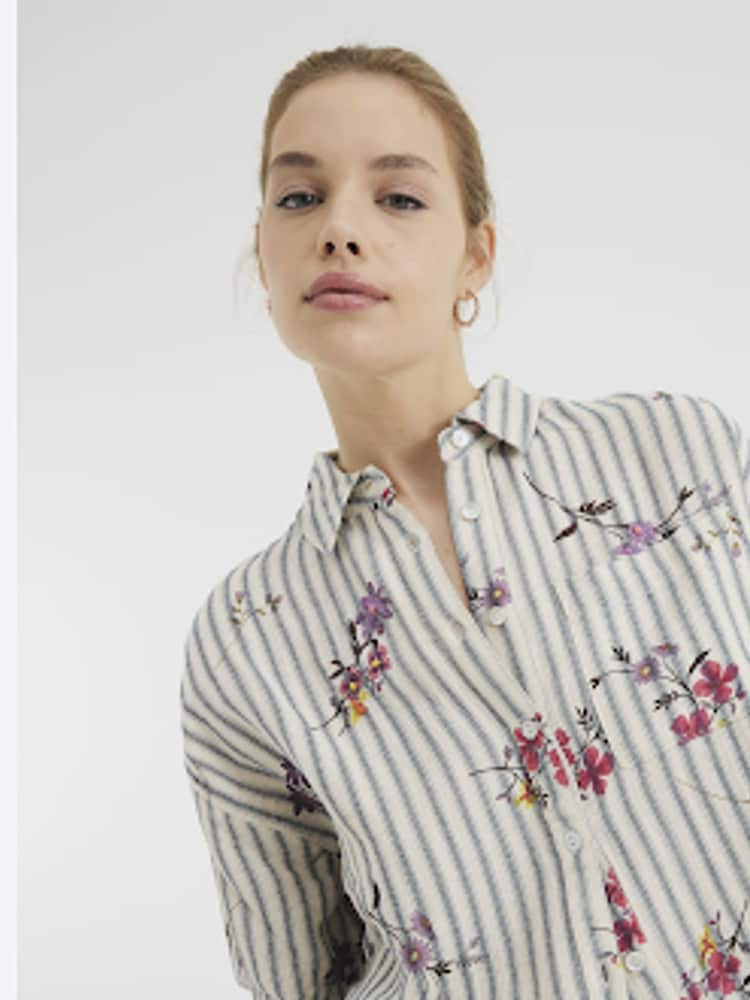 River Island Cream Floral Print Stripe Embroidered 100% Cotton Shirt - Image 2 of 5