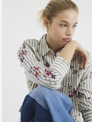 River Island Cream Floral Print Stripe Embroidered 100% Cotton Shirt - Image 3 of 5