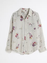 River Island Cream Floral Print Stripe Embroidered 100% Cotton Shirt - Image 4 of 5