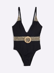 River Island Black Petite Texture Plunge Swimsuit - Image 1 of 2