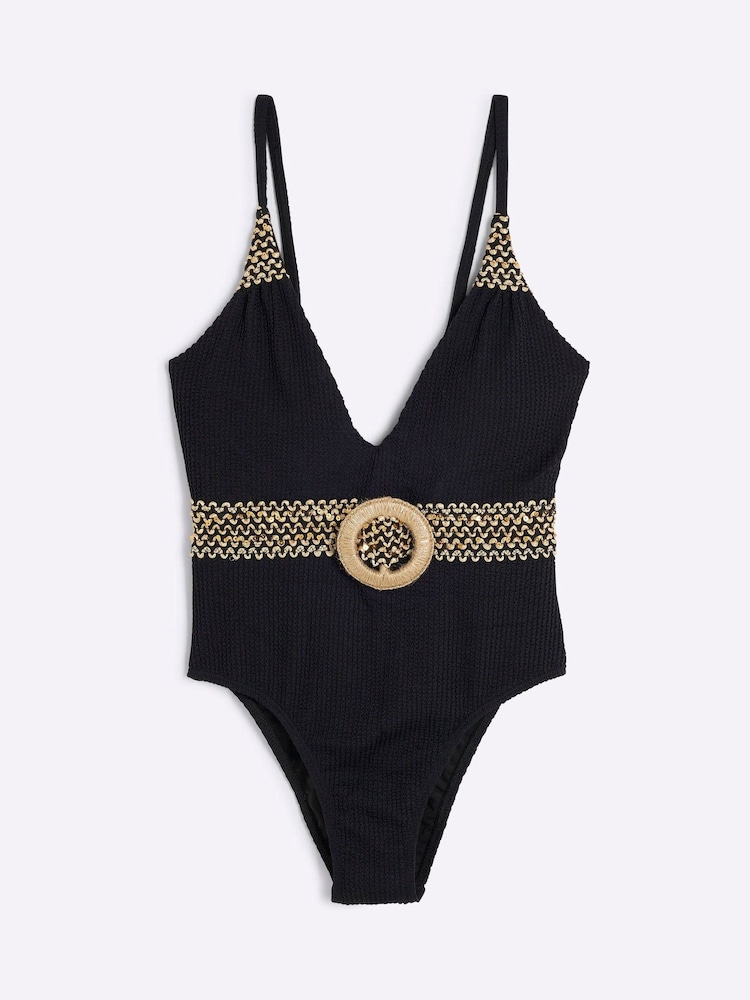 River Island Black Petite Texture Plunge Swimsuit - Image 1 of 2