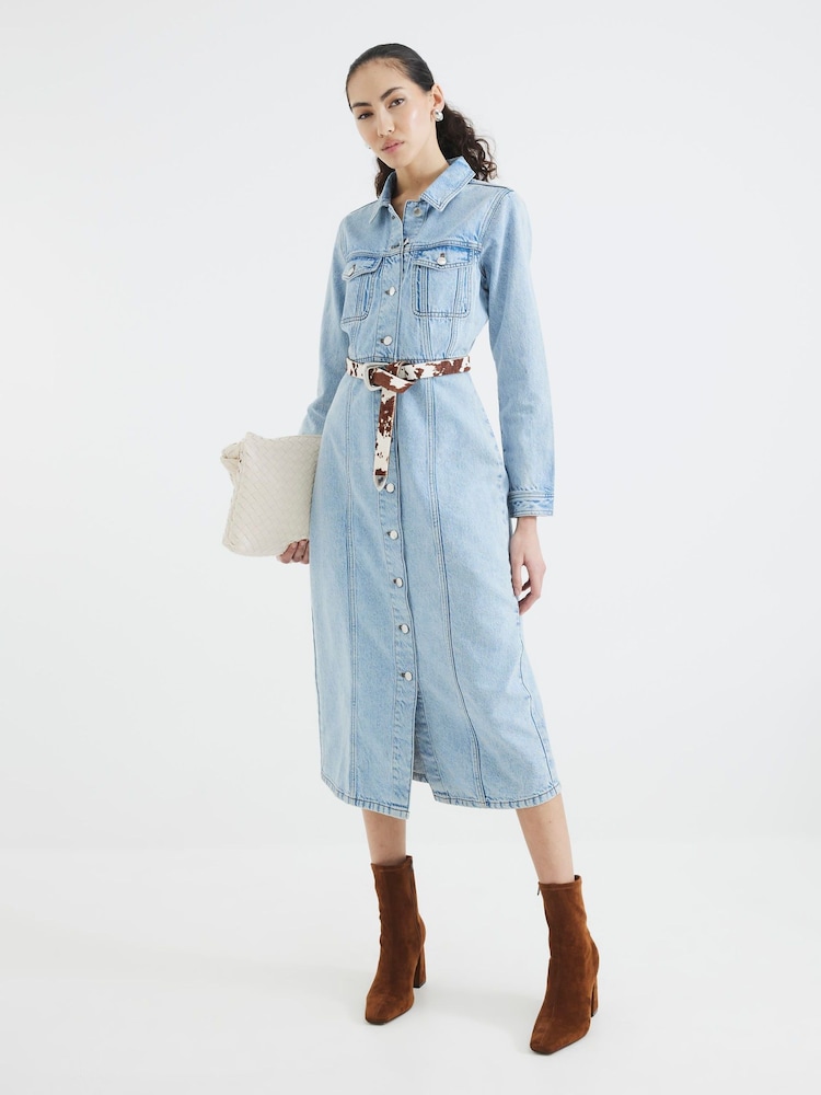 River Island Blue Denim 100% Cotton Midi Shirt Dress - Image 1 of 4