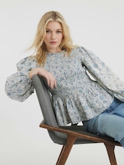 River Island Blue Shirred Bodice 100% Cotton Top - Image 1 of 5
