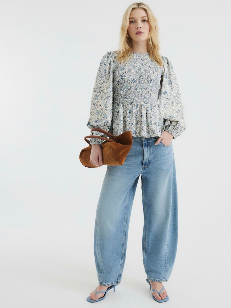 River Island Blue Shirred Bodice 100% Cotton Top - Image 2 of 5