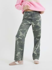 River Island Green Camouflage Relaxed Straight Fit 100% Cotton Jeans - Image 1 of 5