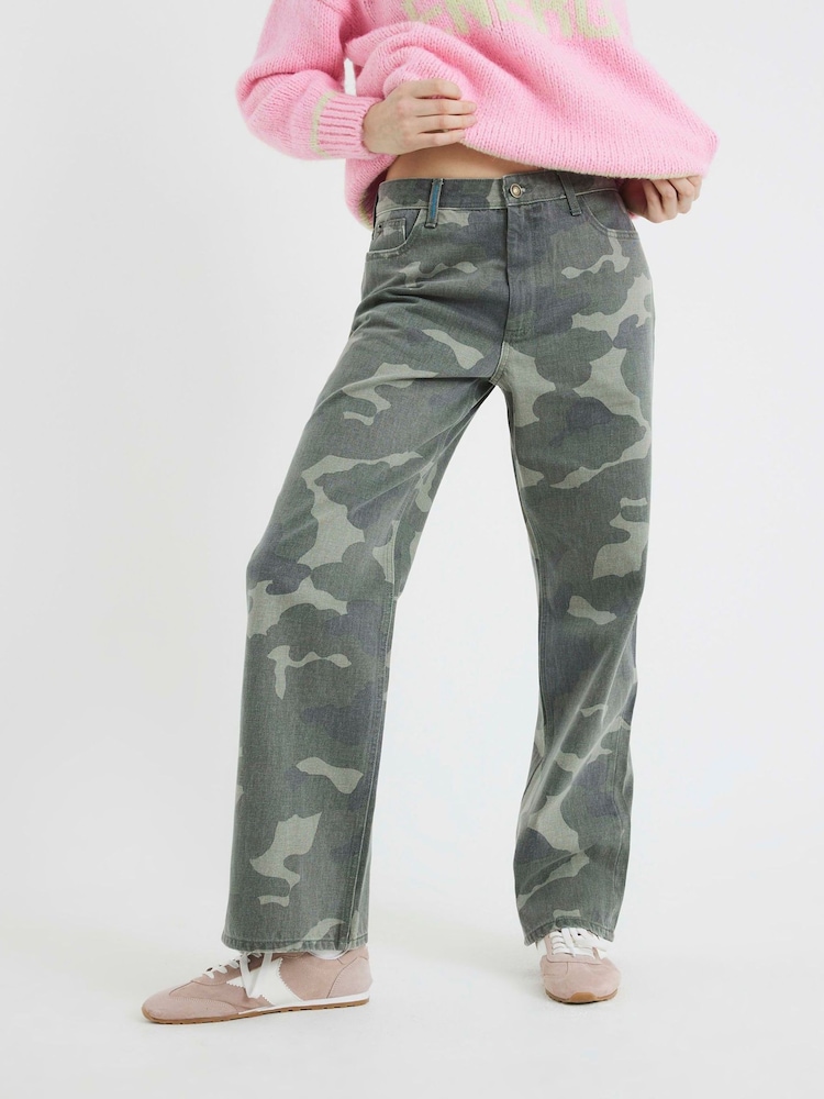 River Island Green Camouflage Relaxed Straight Fit 100% Cotton Jeans - Image 1 of 5