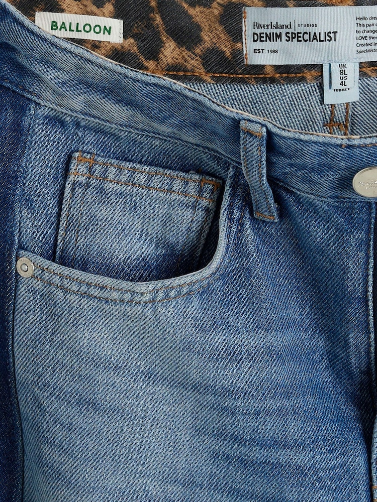 River Island Blue Side Stripe Barrel 100% Cotton Jeans - Image 6 of 6