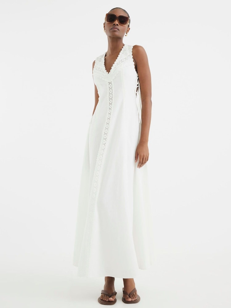 River Island White Lace Insert 100% Cotton Midi Dress - Image 1 of 4 River Island White Lace Insert 100% Cotton Midi Dress - Image 1 of 4