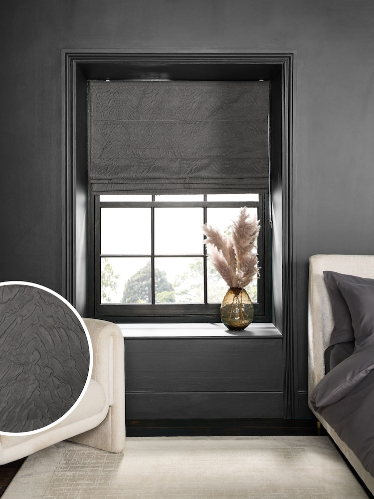 Charcoal Grey Ready Made Blackout/Thermal Embossed Anim Roman Blind - Image 1 of 8 Charcoal Grey Ready Made Blackout/Thermal Embossed Anim Roman Blind - Image 1 of 8
