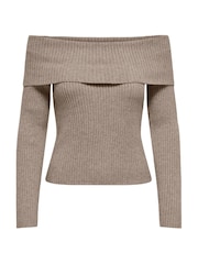 ONLY Brown Bardot Knitted Ribbed Jumper - Image 1 of 2