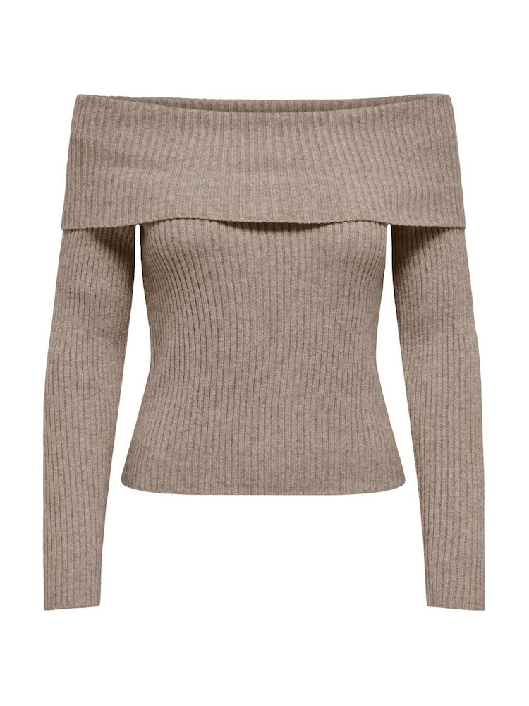 ONLY Brown Bardot Knitted Ribbed Jumper - Image 1 of 2