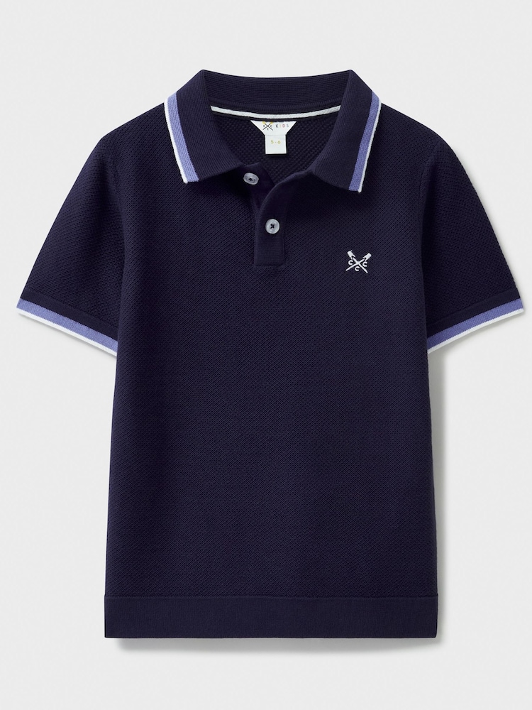 Crew Clothing Company Blue Knitted 100% Cotton Polo Shirt - Image 1 of 3