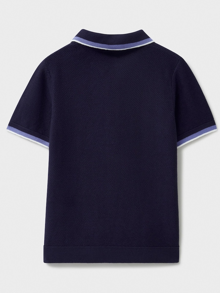 Crew Clothing Company Blue Knitted 100% Cotton Polo Shirt - Image 2 of 3 Crew Clothing Company Blue Knitted 100% Cotton Polo Shirt - Image 2 of 3