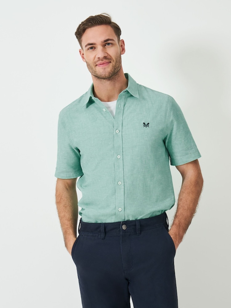 Crew Clothing Company Green Short Sleeve Linen Shirt - Image 1 of 5