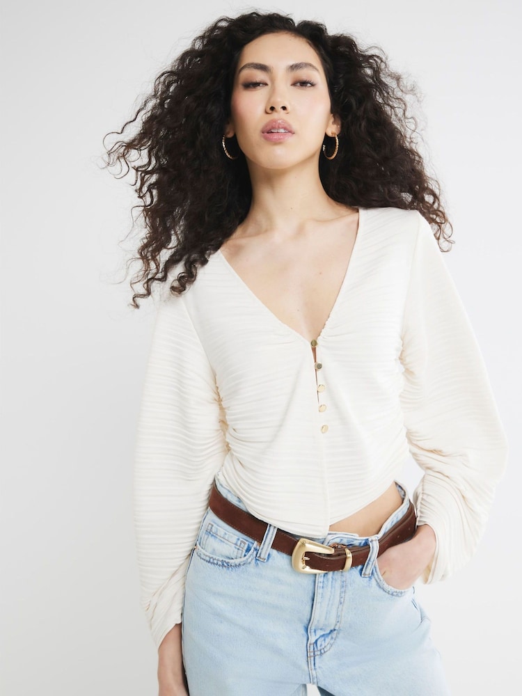 River Island Cream Banana Sleeve Plisse Top - Image 1 of 5 River Island Cream Banana Sleeve Plisse Top - Image 1 of 5