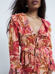 River Island Pink Petite Floral Frill Tie Top - Image 1 of 5
