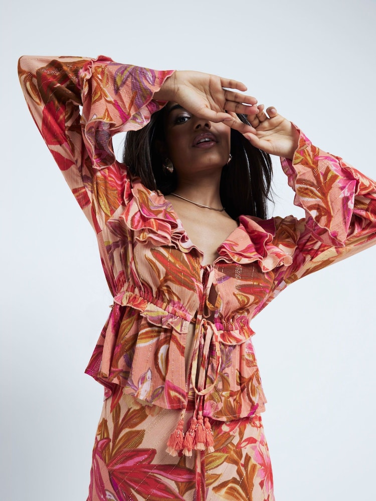 River Island Pink Petite Floral Frill Tie Top - Image 3 of 5
