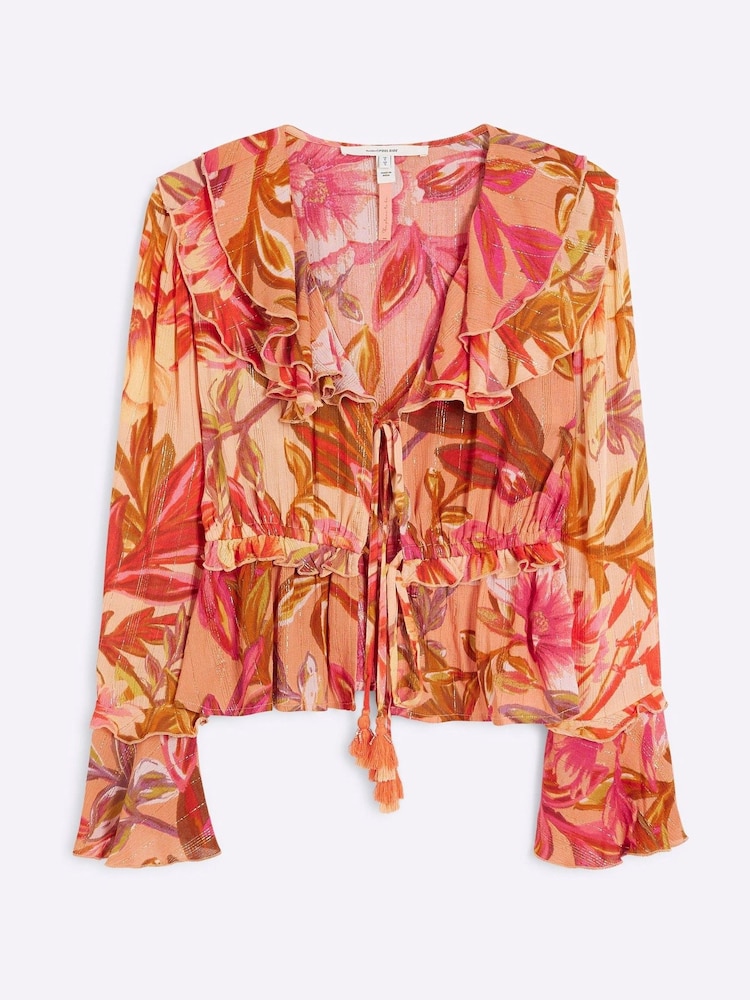 River Island Pink Petite Floral Frill Tie Top - Image 4 of 5