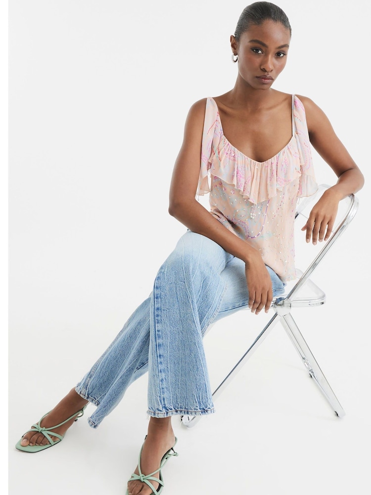 River Island Pink Ruffle Embellished Printed Cami - Image 1 of 5