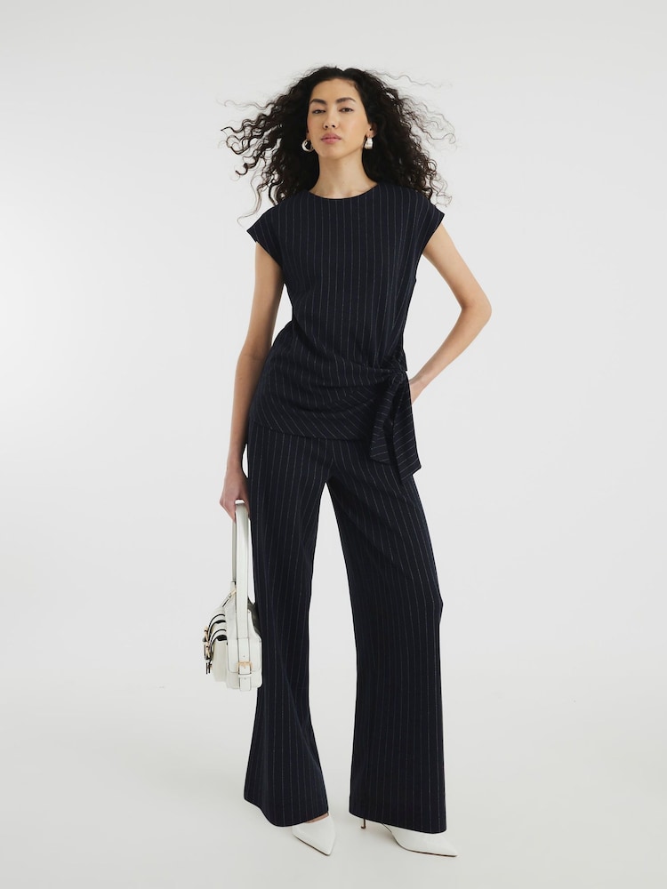 River Island Blue Pinstripe Tie Detail Top - Image 1 of 5