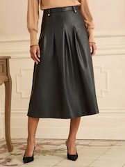 Love & Roses Black Tab Detail Fit and Flare Faux Leather Midi Skirt - Image 1 of 4
