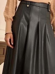 Love & Roses Black Tab Detail Fit and Flare Faux Leather Midi Skirt - Image 2 of 4