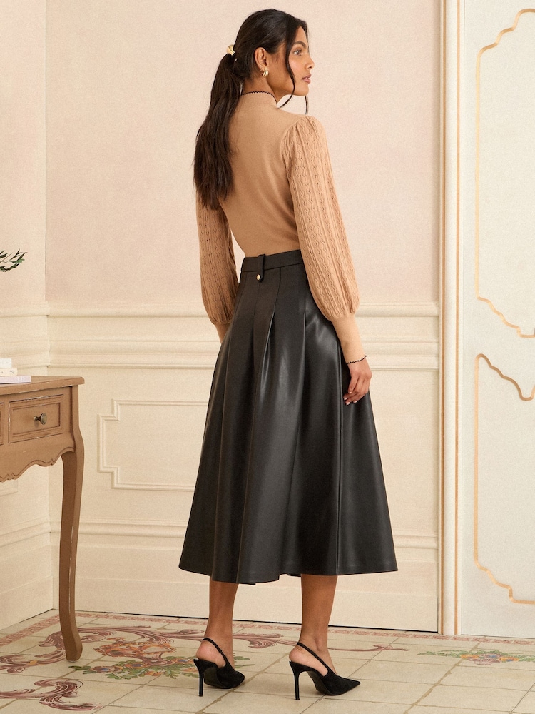 Love & Roses Black Tab Detail Fit and Flare Faux Leather Midi Skirt - Image 4 of 4