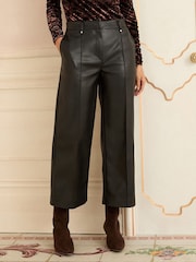 Love & Roses Black PU Wide Pintuck Crop Trousers - Image 1 of 4