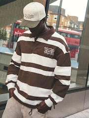 River Island Brown Stripe Open Hem Rugby 100% Cotton Hoodie - Image 1 of 9