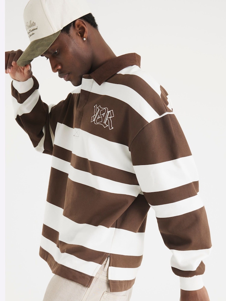 River Island Brown Stripe Open Hem Rugby 100% Cotton Hoodie - Image 2 of 9