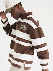 River Island Brown Stripe Open Hem Rugby 100% Cotton Hoodie - Image 6 of 9
