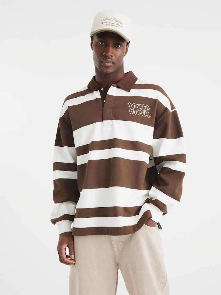 River Island Brown Stripe Open Hem Rugby 100% Cotton Hoodie - Image 9 of 9