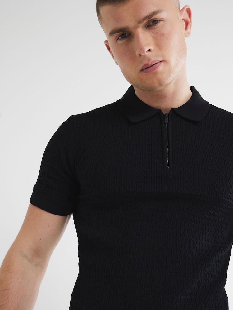River Island Black Muscle Fit Textured Polo Shirt - Image 4 of 6