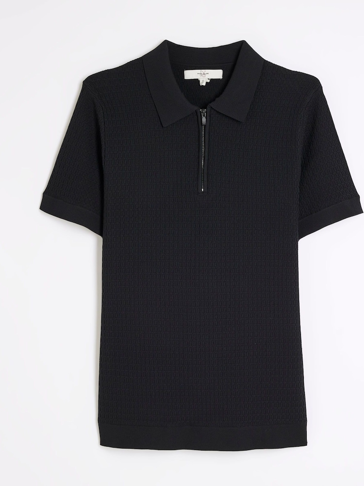 River Island Black Muscle Fit Textured Polo Shirt - Image 5 of 6