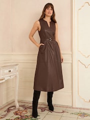 Love & Roses Black Petite Faux Leather Sleeveless Belted Midi Dress - Image 3 of 4