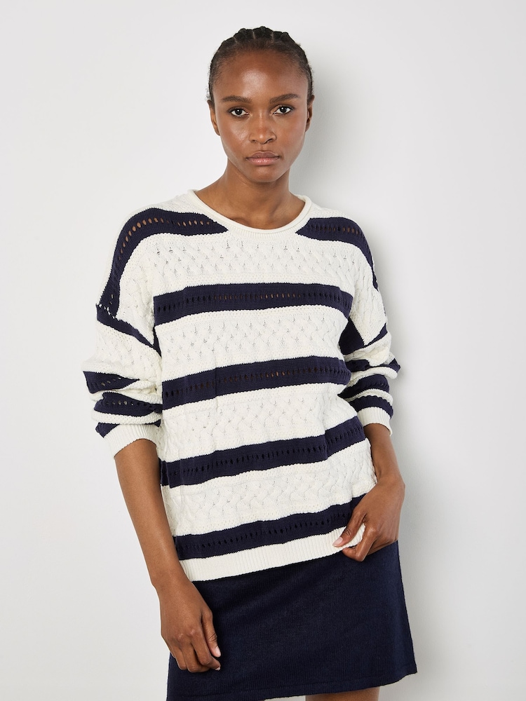 Apricot White Plait & Pointelle Stripe Jumper - Image 1 of 4 Apricot White Plait & Pointelle Stripe Jumper - Image 1 of 4