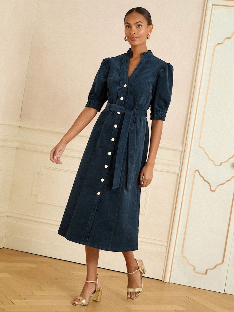 Love & Roses Navy Blue Corduroy Lace Trim Midi Dress - Image 1 of 4