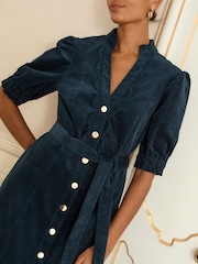 Love & Roses Navy Blue Corduroy Lace Trim Midi Dress - Image 2 of 4