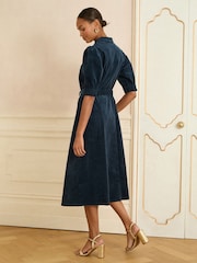 Love & Roses Navy Blue Corduroy Lace Trim Midi Dress - Image 3 of 4
