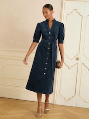 Love & Roses Navy Blue Corduroy Lace Trim Midi Dress - Image 4 of 4