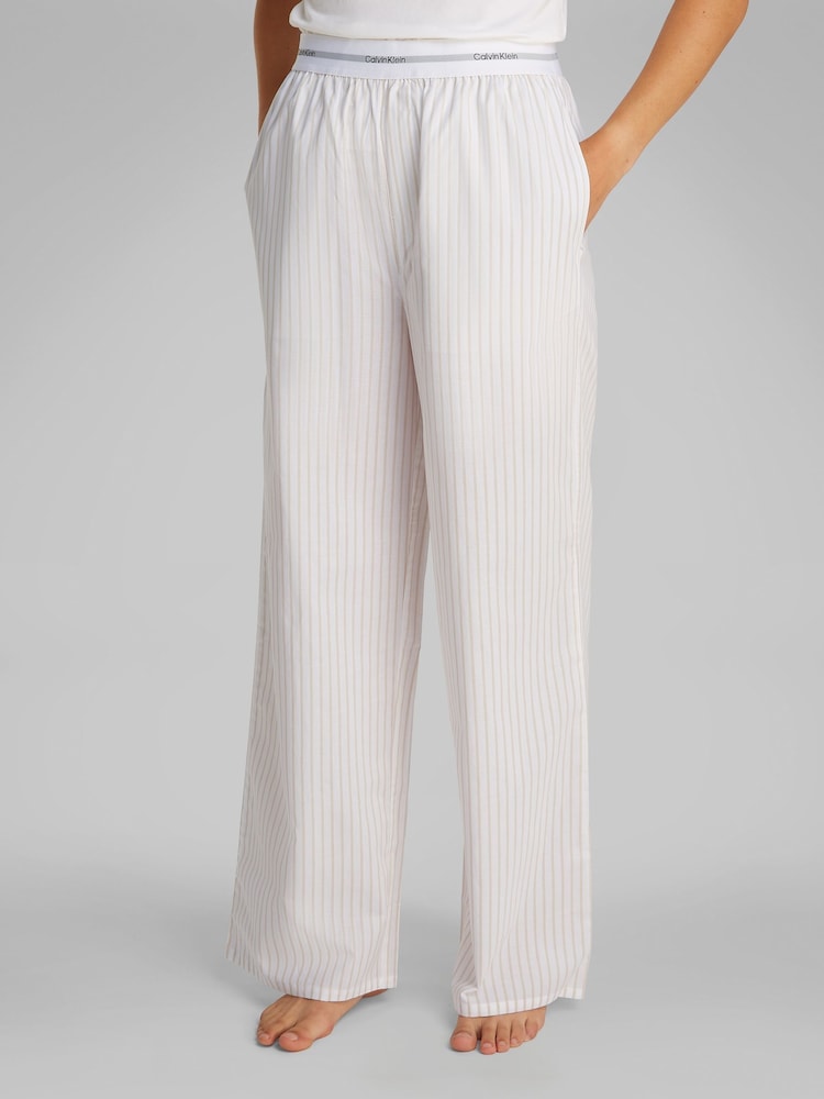 Calvin Klein Off White Cotton Poplin Pyjama Trousers With Logo Waistband - Image 1 of 5