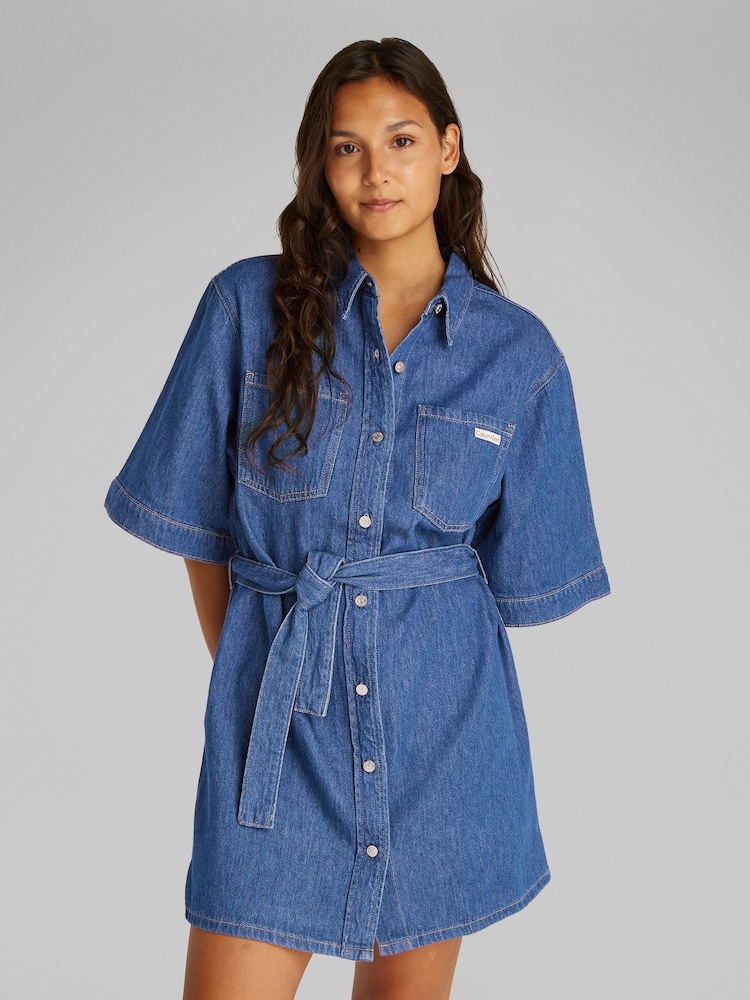 Calvin Klein Blue Boxy Linen Belted Shirt Dress - Image 1 of 6