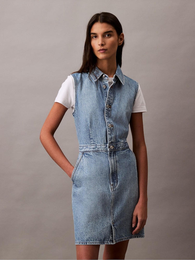 Calvin Klein Blue Sleevelesss Denim Trucker Dress - Image 1 of 8