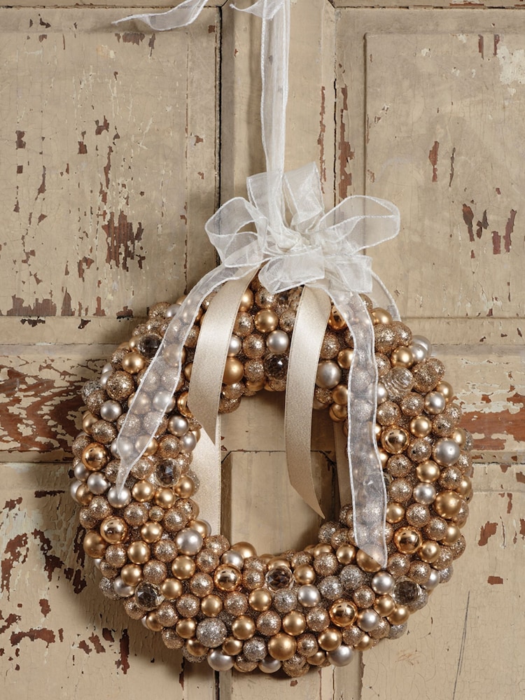 Decoris Champagne Gold 33cm Shatterproof Mini Bauble Christmas Wreath - Image 1 of 3