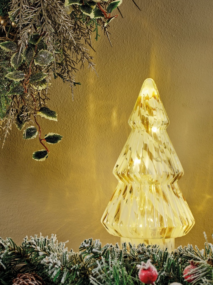 Lumineo White/Gold Pre Lit LED Glass Mini Christmas Tree Ornament - Image 1 of 2 Lumineo White/Gold Pre Lit LED Glass Mini Christmas Tree Ornament - Image 1 of 2