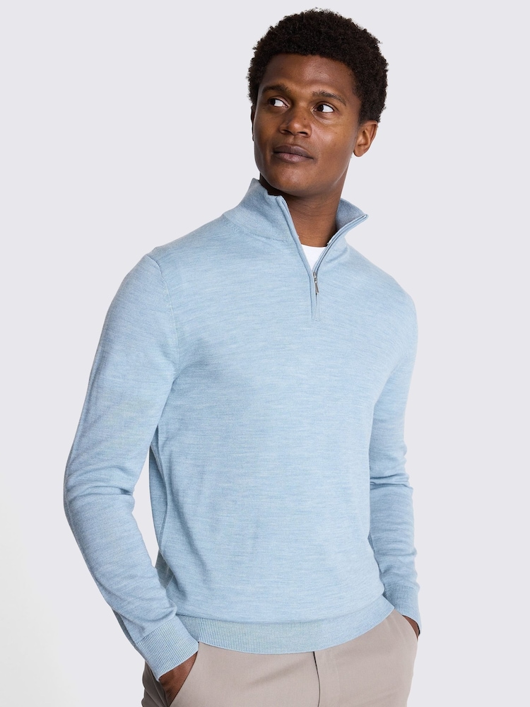 MOSS Blue Merino Blend Quarter Zip Jumper - Image 1 of 5