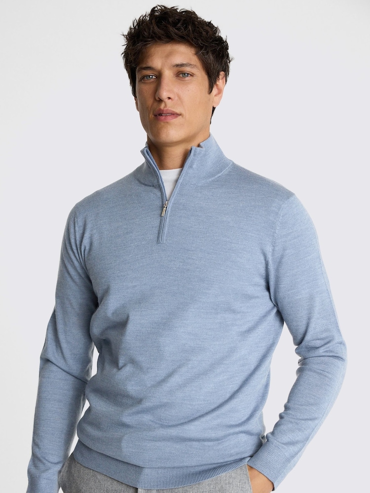 MOSS Light Blue Merino Blend Quarter Zip Jumper - Image 1 of 5